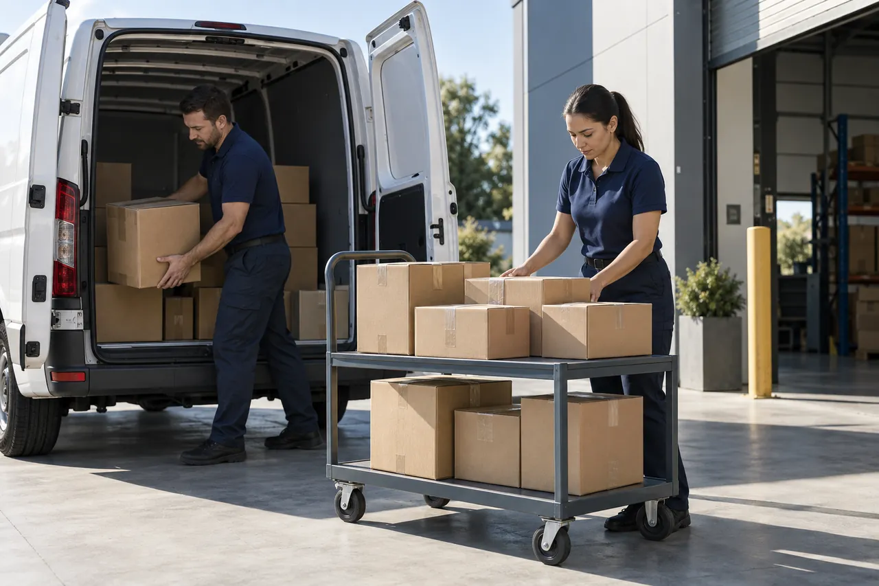 Illustrative delivery team preparing parcels beside a cargo van